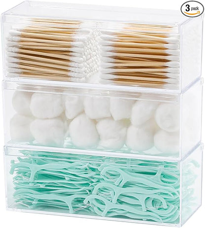 3 Pack Qtip Organizer Container with Lid, Plastic Bathroom Vanity Storage Canister for Cotton Swabs and Balls, Makeup Sponges, Hair Clips, Clear Counter and Desk Drawer Holder