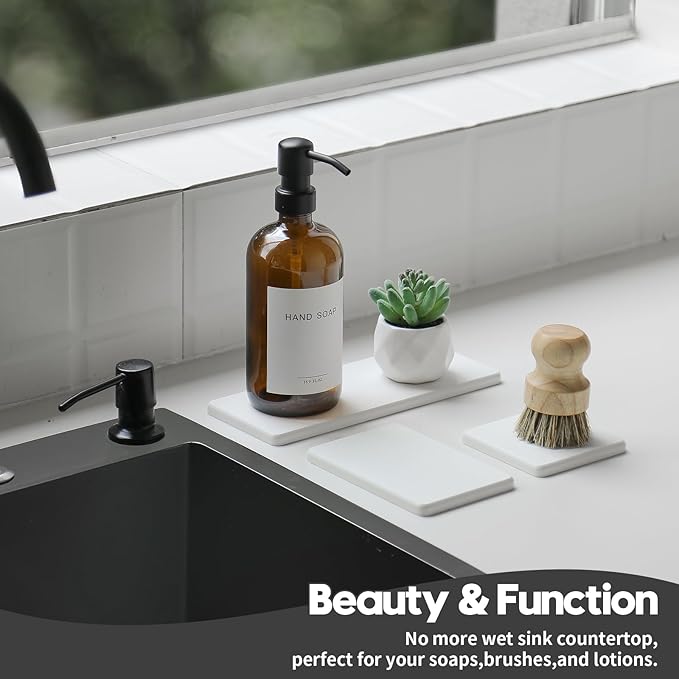 Razborci 3PCS Bathroom Sink Vanity Trays, Quick Stone Drying Mat Dish Soap Dispenser Sponge Holder for Kitchen Counter, Diatomaceous Earth Water Absorbing Caddy Organizer, White