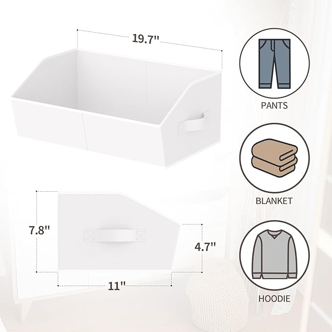 Homsorout Storage Bins for Shelves - Large Trapezoid Closet Shelf Organizer, Fabric Organization Bins with Handles, Storage Baskets for Clothes, Towel, Purse, 4 Pack, White