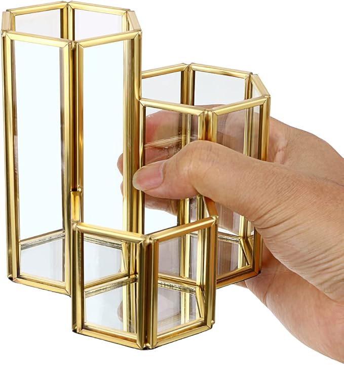 Hipiwe 3 Slots Glass Makeup Brush Holder - Gold Hexagon Cosmetics Brush Eyeliners Display Cup Home Decorative Makeup Organizer Desktop Pen/Pencil Pot Holder for Office