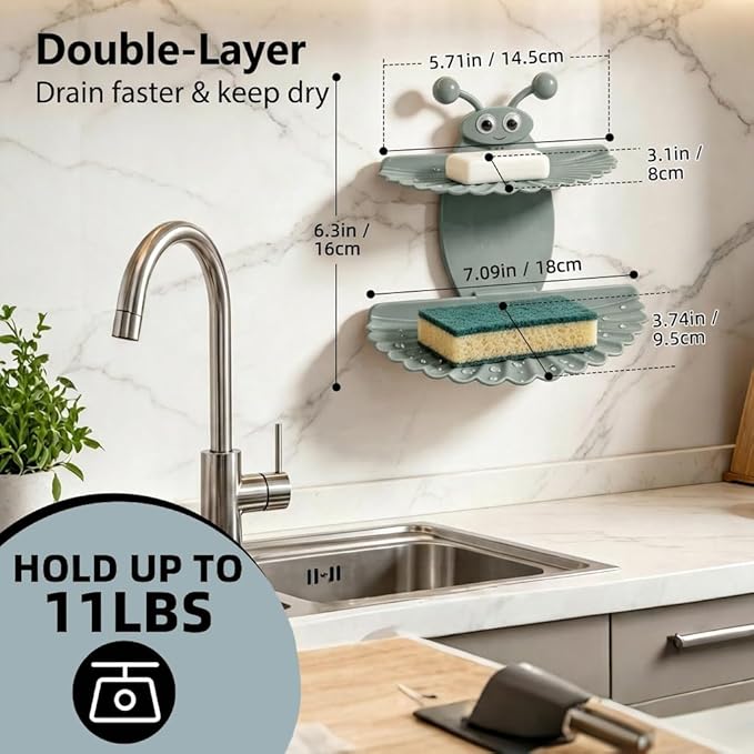 Double-Deck Soap Dish Holder for Shower, Bee Shape Wall Mounted Soap Holder with Strong Adhesive, Self Draining Soap Tray, No Drilling Bathroom Accessories, Nordic Blue