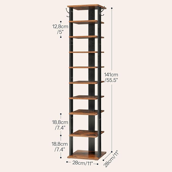 HOOBRO 10 Tiers Vertical Shoe Rack, Wooden Shoe Storage Organizer with Hooks, Narrow Shoe Tower for 10 Pairs, Space Saving, for Entryway, Living Room, Bedroom, Rustic Brown BF141XJ01