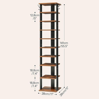 HOOBRO 10 Tiers Vertical Shoe Rack, Wooden Shoe Storage Organizer with Hooks, Narrow Shoe Tower for 10 Pairs, Space Saving, for Entryway, Living Room, Bedroom, Rustic Brown BF141XJ01
