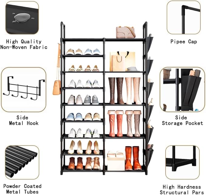 SUOERNUO Shoe Rack Organizer with Hook and Side Pocket, Metal Shoe Rack Storage Holds 25-35 Pairs, Large Black Stackable Freestanding Shoe Racks, 9-Tier Tall Shoe Rack for Closet, Entryway