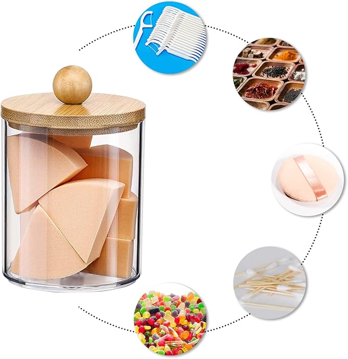 3Pcs Acrylic Qtip Holder Dispenser with Bamboo Lids ClearBathroom Jars with Tray Cotton Swab Storage Dispenser Reusable Bathroom Canisters Swab Ball Holder Dispenser for Makeup Cotton Swab Floss Pick