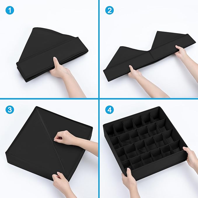 Underwear Organizer 4 Pack, 24 Cell Sock Drawer Organizer Divider, Sock and Underwear Drawer Organizer Foldable Tie Organizer for Socks, Underwear, Belts, Ties. (Black)