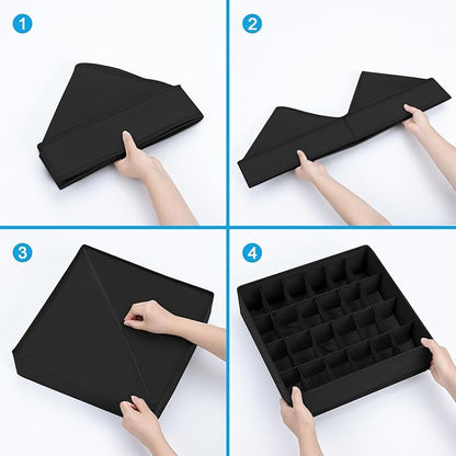 Underwear Organizer 4 Pack, 24 Cell Sock Drawer Organizer Divider, Sock and Underwear Drawer Organizer Foldable Tie Organizer for Socks, Underwear, Belts, Ties. (Black)
