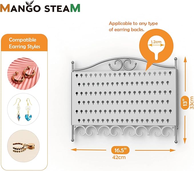 Mango Steam Wall Mounted Closet/Wardrobe Display Hanger Organizer for Jewelry & Earrings With Hooks for Necklaces, Bracelets, Accessories - Silver