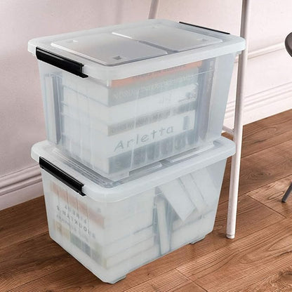 35 Quart Plastic Storage Bin, 4 Packs, Latching Storage Box with Wheels