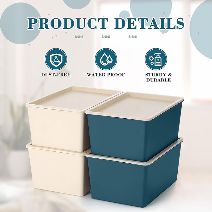 Menkxi 4 Pcs Storage Bins with Lids Plastic Stackable Containers for Organizing Shelves Christmas Ornament Box Baskets(Beige, Blue,Small)