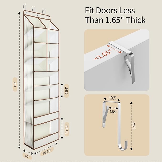 Yecaye Over the Door Shoe Organizer Hanging with Large Pockets, 8 Tier Back of Door Storage for Nursery, Closet and Bathroom, Partition Behind Door Organizers Shelf with Baby Clothes(1 Pack, Beige)