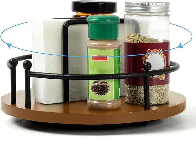 Napkin Holder for Table,360° Rotating Lazy Susan Turntable Organizer for Cabinet,9 inches Kitchen Table Decor&Counter Tray Can Hold Salt and Pepper Shakers (Walnut Brown)