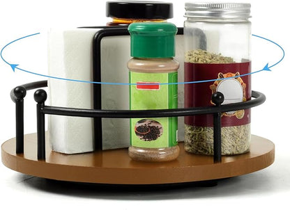 Napkin Holder for Table,360° Rotating Lazy Susan Turntable Organizer for Cabinet,9 inches Kitchen Table Decor&Counter Tray Can Hold Salt and Pepper Shakers (Walnut Brown)