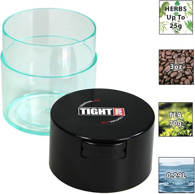 Tightvac - Premium Airtight Herb Storage Container - Holds ½ oz to 3 ounces - Keep Your Herbs and Dry Goods Fresh and Flavorful. Clear Black