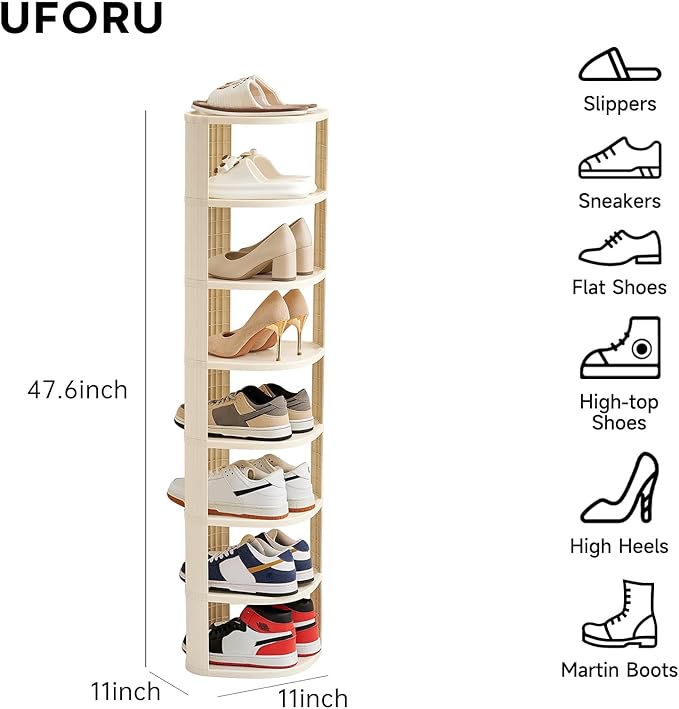 UFORU 8 Tier Vertical Shoe Rack,Corner Shoe Organizer for Entryway,Narrow Free Standing Shoe Organizer for Small Spaces,Tall Shoe Rock for Closet,Easy Assembly Shoe Storage Stand