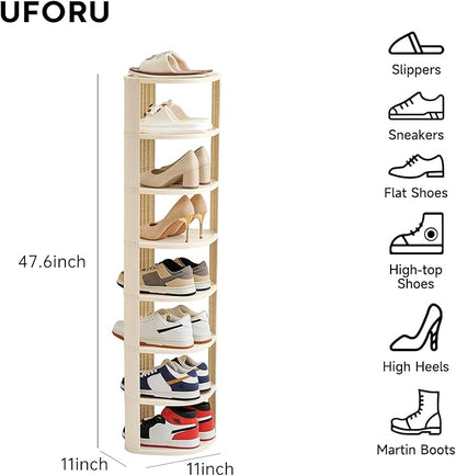 UFORU 8 Tier Vertical Shoe Rack,Corner Shoe Organizer for Entryway,Narrow Free Standing Shoe Organizer for Small Spaces,Tall Shoe Rock for Closet,Easy Assembly Shoe Storage Stand