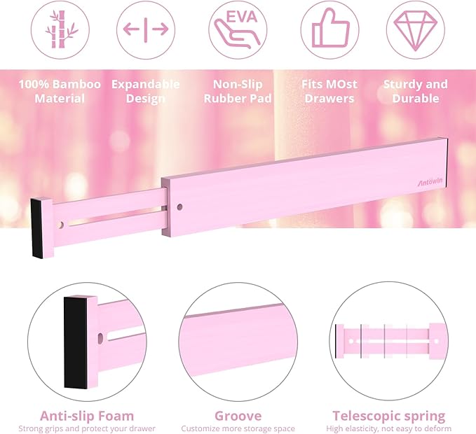 ANTOWIN Expandable Bamboo Drawer Dividers Organizers, Drawer Separators Splitter, 17-22 inches Long Adjustable Spring-loaded Organizer for Large Utensil, Clothes, Tools(Pink)