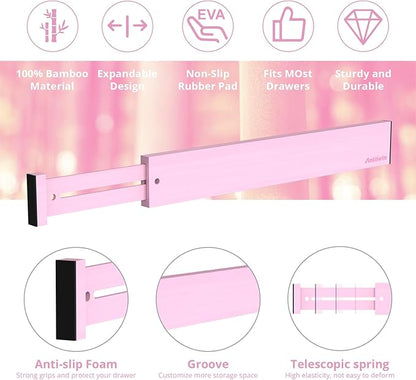 ANTOWIN Expandable Bamboo Drawer Dividers Organizers, Drawer Separators Splitter, 17-22 inches Long Adjustable Spring-loaded Organizer for Large Utensil, Clothes, Tools(Pink)