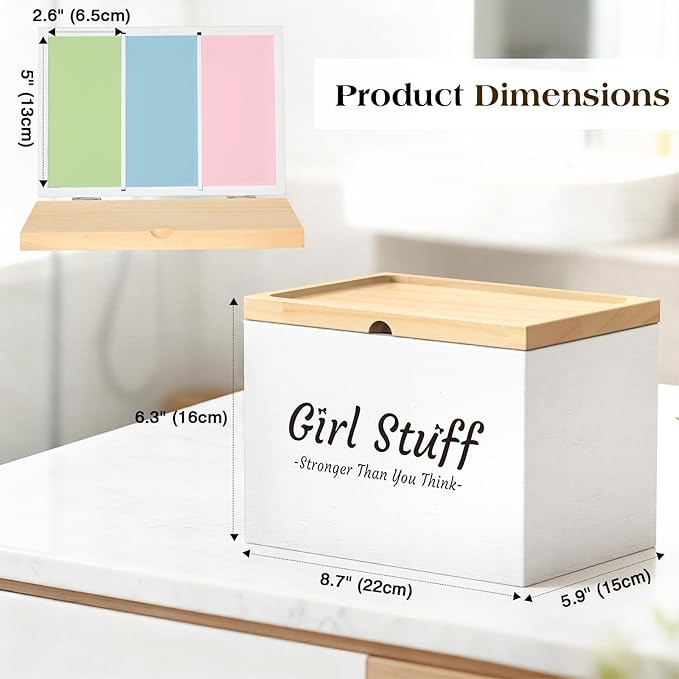Luxspire Tampon Holder for Bathroom - Discreet Feminine Product Organizer with Lid & Wood Pad, Shark Week Tampon Storage Box, Stylish Girl Stuff Organizer for Bathroom, White
