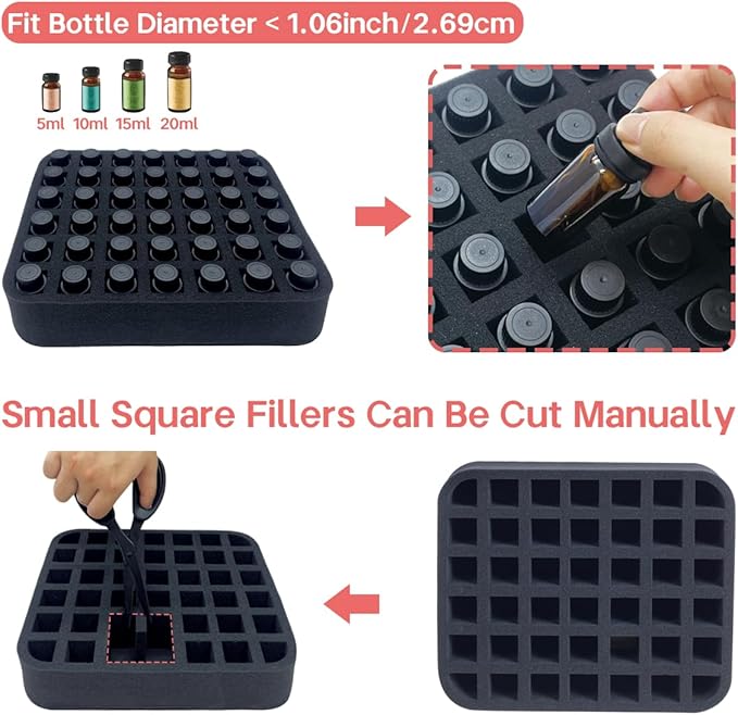 Essential oils Organizer Holder Foam Pad with Slots, Holds 42 bottles of 10ml、15ml Bottles, Removable Dividers，Black