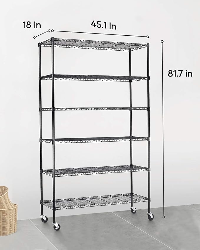 FDW Wire Shelving Unit with Wheels Steel 6 Tier Heavy Duty Layer Rack Storage Metal Shelf Garage Organizer Wire Rack Shelving Adjustable Utility 2100 LBS Capacity-18x48x82 inch (Black)