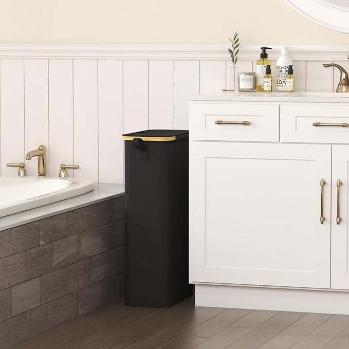 Lifewit 65L Slim Laundry Hamper with Lid, Narrow Laundry Basket with Removable Bag & Bamboo Handles, Fodable Thin Dirty Clothes Hamper for Laundry Collapsible Bin for Bathroom Bedroom Dorm, Black