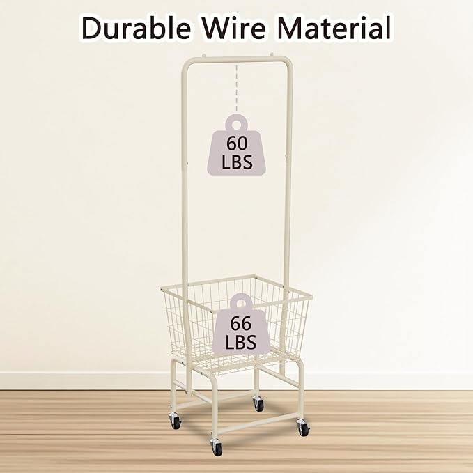 Rolling Laundry Cart with Wheels, Laundry Hamper Basket Organizer with Clothes Hanging Rack, Wire Storage Cloth Shelf Butler, Cream