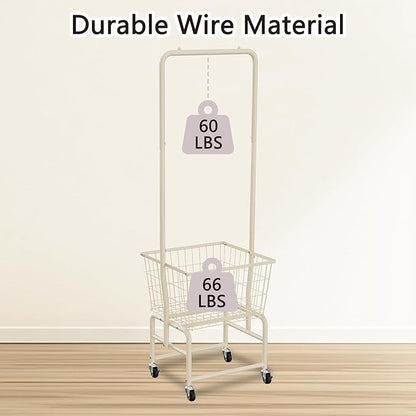 Rolling Laundry Cart with Wheels, Laundry Hamper Basket Organizer with Clothes Hanging Rack, Wire Storage Cloth Shelf Butler, Cream