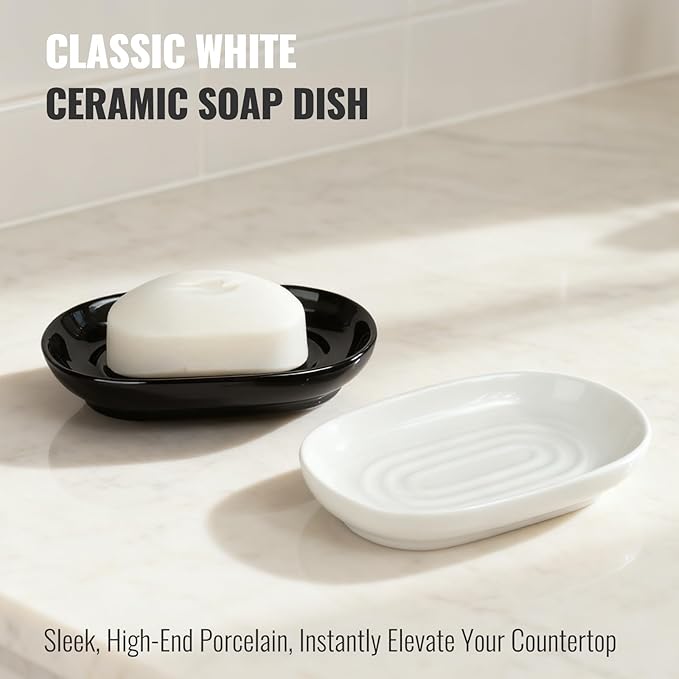 AIMAIAIMAI White Ceramic Soap Dish, Minimalist Bar Soap Holder - Elegant Hostess Gift, Housewarming Gift for New Home, Decorative Soap Tray for Bathroom, Kitchen