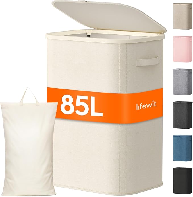 Lifewit 85L Large Laundry Basket with Lid, Laundry Hamper with Plastic Handles and Removable Bag, Foldable Tall Dirty Clothes Hampers for Laundry for Laundry Room, Bedroom, Bathroom, Dorm, White