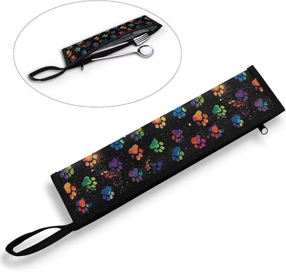 Color Paw Travel Portable Cutlery Storage Bag with Handle Tableware Carrier Case for Camping, 11.8 Inch Flatware Carrying Bag Reusable Dinnerware Pouch Case
