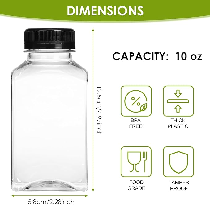 Moretoes 6pcs 10oz Plastic Juice Bottles with Caps, Clear Empty Reusable Water Bottles, Disposable Beverage Containers Bulk for Juicing Smoothies Turmeric Juice Milk and Other Beverages