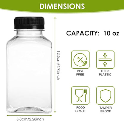 Moretoes 6pcs 10oz Plastic Juice Bottles with Caps, Clear Empty Reusable Water Bottles, Disposable Beverage Containers Bulk for Juicing Smoothies Turmeric Juice Milk and Other Beverages
