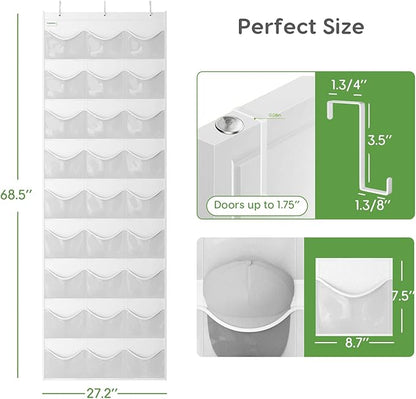 Baseball Hat Rack, 27 Pocket Over-The-Door Hat Organizer with Clear Deep Pockets to Display Baseball Caps Collection, Complete with 3 Over Door Hooks (White, 27 Pockets)