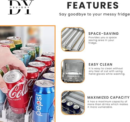 Soda Can Organizer with Automatic Can Pusher | Refrigerator Drink Organizer | Beverage Dispenser for Soda, Cans and Bottles | Space-Saving | Stainless Steel | Adjustable Sizes | 6 Rows