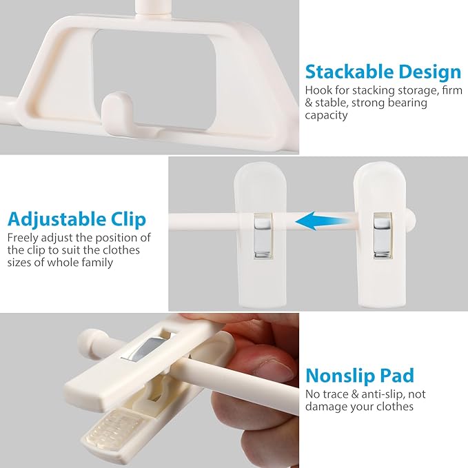 YARNOW Plastic Pants Hangers with Clips White, 10 Pcs Adjustable Skirt Hangers, Space-Saving Design, Ideal for Closet Organizer and Storage