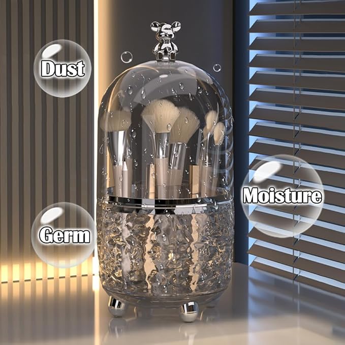 Makeup Brush Holder Organizer with Lid, 360°Rotating Dustproof Makeup Brushes Organizer, 4 Compartment Make Up Brushes Cup for Vanity Desktop Bathroom Countertop (Gray)