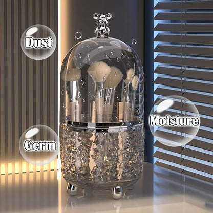 Makeup Brush Holder Organizer with Lid, 360°Rotating Dustproof Makeup Brushes Organizer, 4 Compartment Make Up Brushes Cup for Vanity Desktop Bathroom Countertop (Gray)