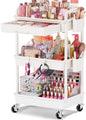 Goovilla Rolling Makeup Organizer Cart with Removable Drawer, 3 Tier Stable White Floor Skincare Storage Cart for Vanity, Cosmetic Display, Nail Polish, Perfume, Hair Stuff, Beauty, Bathroom(Plastic)