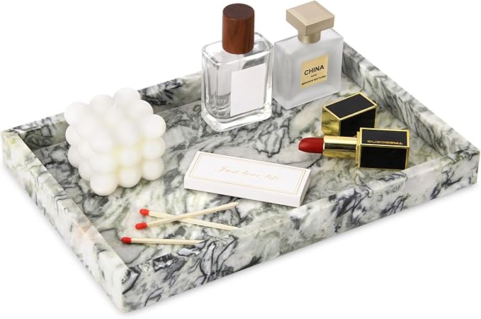 Marble Bathroom Vanity Tray, Natural Luxury Vanity Home Kitchen Bathroom Table Tray, Stone Decorative Countertop Dresser Trays for Key Coffee Perfume Jewelry Makeup (Green Emerald, 12"x 8" x1.2")