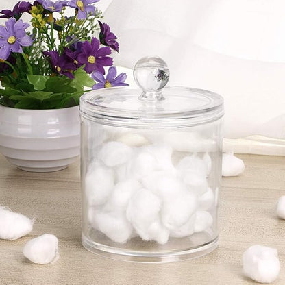 Acrylic Makeup Organizer Cosmetic Storage Display Case Makeup Brush Cotton Ball Pads Swab Q-tip Holder Lipstick Dispenser Canister Bathroom Container (3.7x3.7x3.9in, 1 Box, Clear)