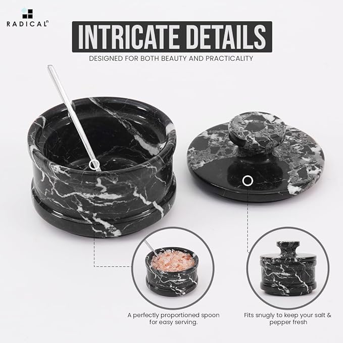Radicaln Marble Salt Cellar with Lid 4" Inch Black Handmade Table Salt Container & Sugar Bowl For Kitchen Countertop, Ideal Salt Dish & Salt Jar for Celtic Salts