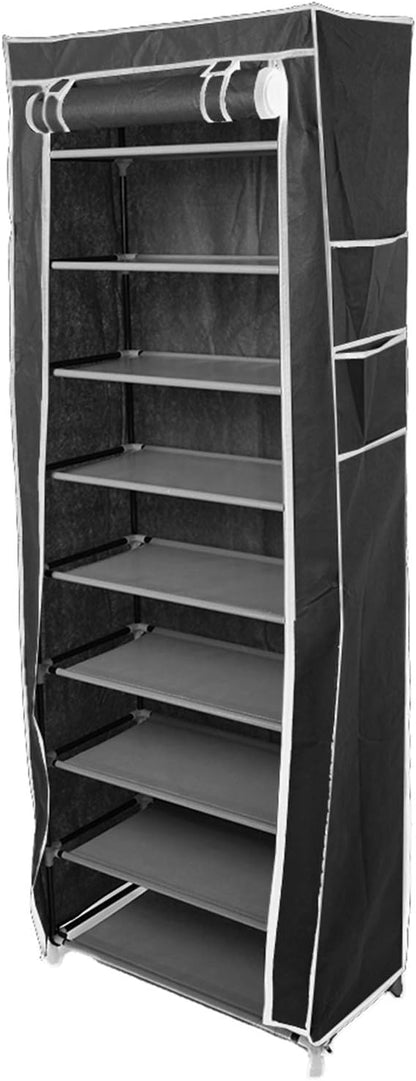 lapday 10 Tier Shoe Rack with Covers, Narrow Tall Shoe Shelf with Side Pocket, Free Standing Shoe Storage Cabinet for Closet Hallway,Bedroom,Entryway (Black), Large, US-2024