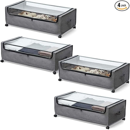 FOUCSSOMEI 4-Packs Under Bed Storage with Wheels, Under The Bed Storage Drawers On Wheels, Rolling Underbed Drawers, Lockable, Heavy Duty