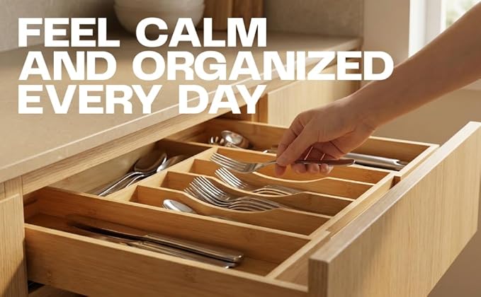 Premium Bamboo Utensil Drawer Organizer Expandable – Modular Silverware Organizer Adjustable Design w/Deep Compartments, Kitchen, & Office Drawer Dividers for Utensils, Cutlery, Makeup, Desk