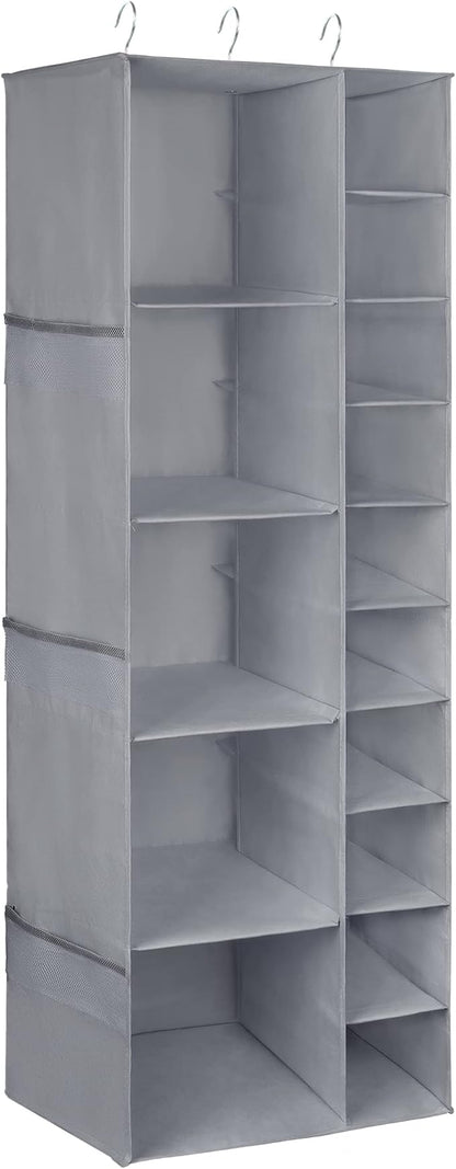 Libeder Shoe Organizer for Closet, 15 Shelf Hanging Closet Storage Shelves - 10 Shoe Rack Organizer and 5 Compartment for Clothes with 6 Side Mesh Pockets for Scarves Socks,Gloves Grey