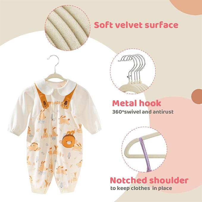 ManGotree 11" Baby Velvet Hangers, Non-Slip Kids Coat Hangers with 360° Swivel Hook, Ultra-Thin Felt Children's Hanger for Infant & Toddler Clothes, 66 Pack (Beige)
