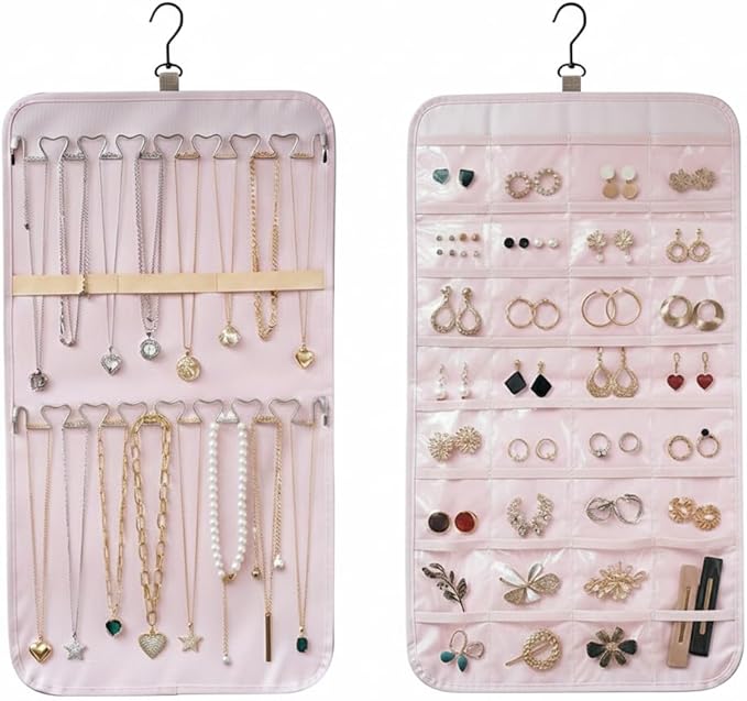 Hanging Jewelry Organizer, Dual-Sided Necklace Holder with Multiple Clear Pockets - Wall Mount & Over The Door Closet Storage for Earrings, Rings, Bracelets - 360° Rotating Hanger (1, pink, M)