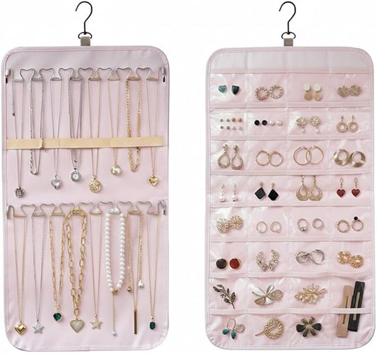 Hanging Jewelry Organizer, Dual-Sided Necklace Holder with Multiple Clear Pockets - Wall Mount & Over The Door Closet Storage for Earrings, Rings, Bracelets - 360° Rotating Hanger (1, pink, M)