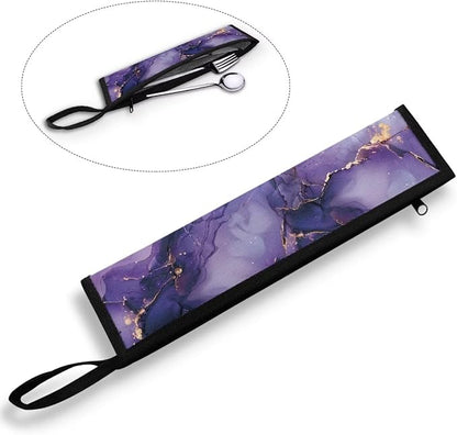 Purple Marble Tableware Storage Pouch Portable Cutlery Bag Straw Carrying Case Cutlery Drawstring Net Bag Travel Bag for Straws, Knife, Fork, Spoon, Chopsticks